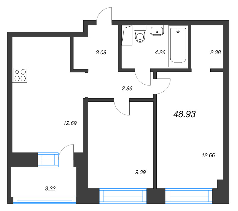 2-комнатная квартира, 48.93 м² в ЖК "Уютный" - планировка, фото №1
