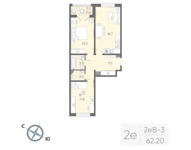 2-комнатная квартира, 62.2 м² в ЖК "Пулково Lake" - планировка, фото №1