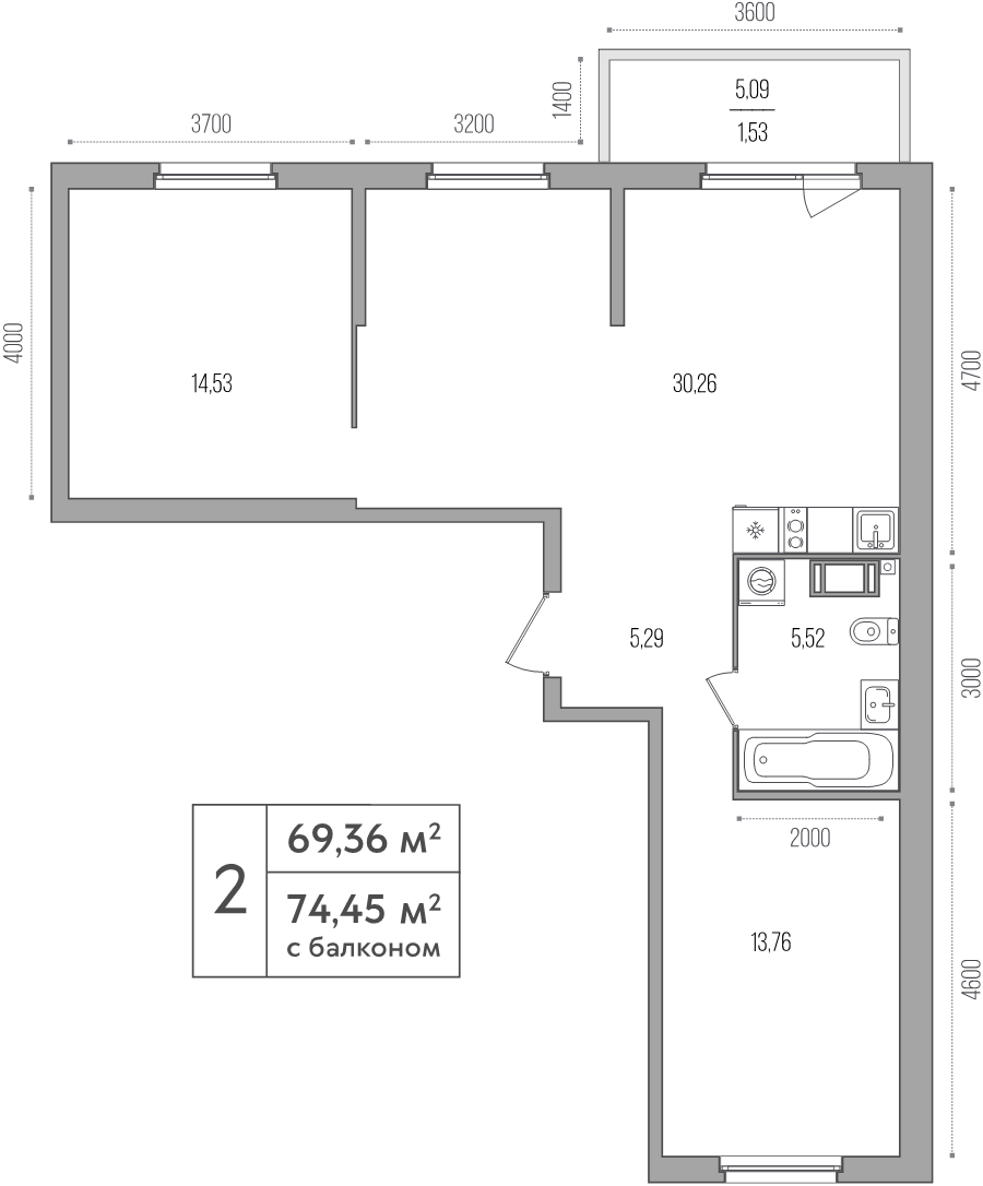 3-комнатная (Евро) квартира, 69.36 м² - планировка, фото №1