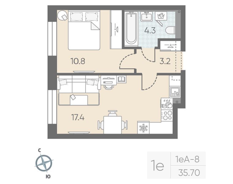 2-комнатная (Евро) квартира, 35.7 м² в ЖК "Большая Охта" - планировка, фото №1