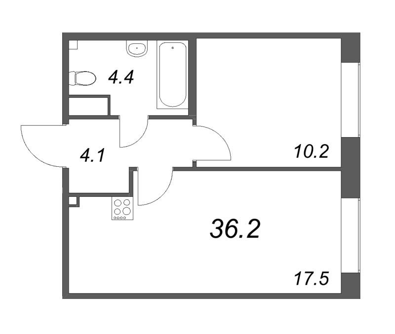 2-комнатная (Евро) квартира, 36.2 м² - планировка, фото №1