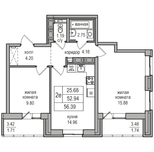 3-комнатная (Евро) квартира, 55.9 м² в ЖК "Северная Долина" - планировка, фото №1