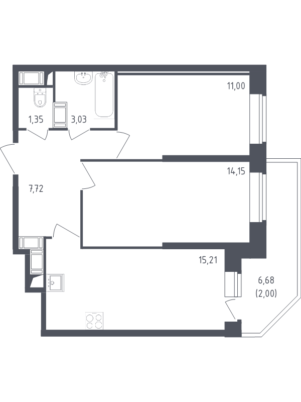 2-комнатная квартира, 54.46 м² - планировка, фото №1
