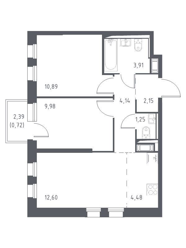 3-комнатная (Евро) квартира, 50.12 м² в ЖК "Новые Лаврики" - планировка, фото №1