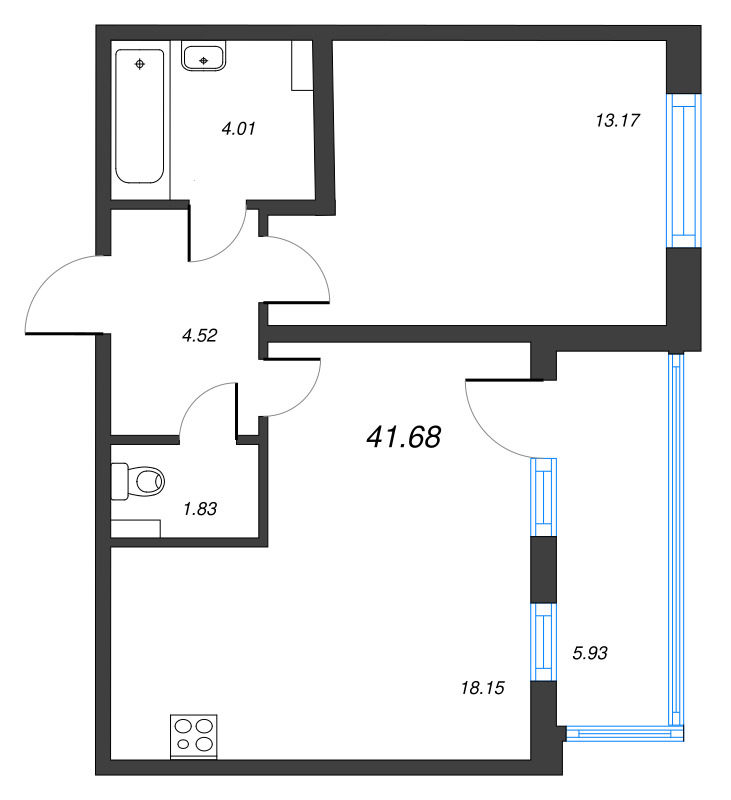 2-комнатная (Евро) квартира, 41.68 м² в ЖК "ПАТИО. Уютный квартал" - планировка, фото №1