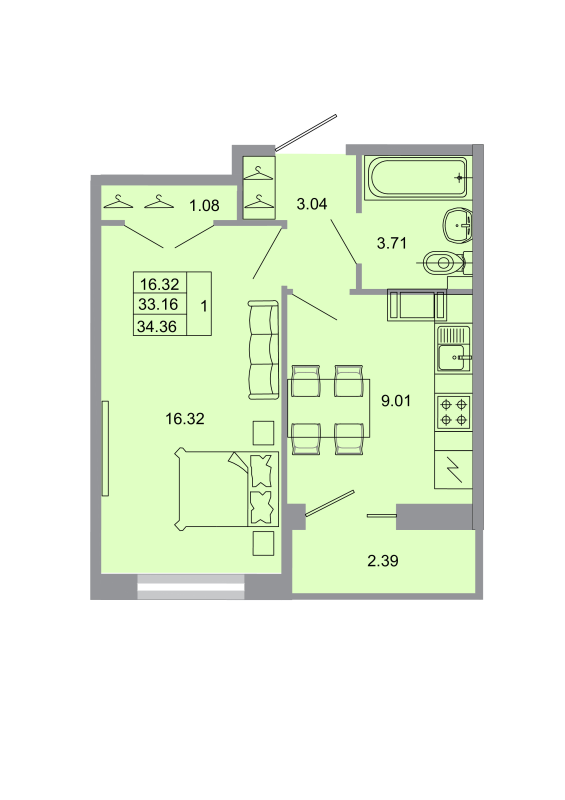 1-комнатная квартира, 33.3 м² - планировка, фото №1