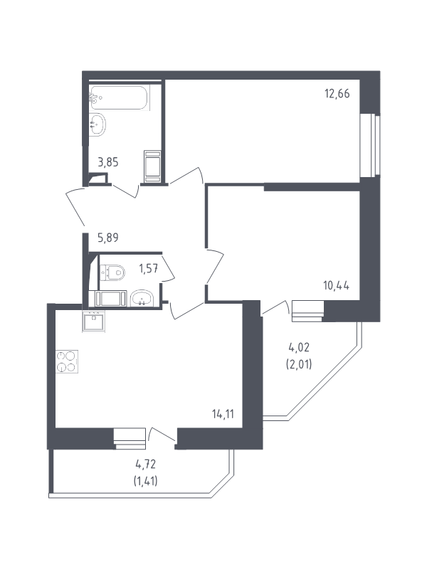 2-комнатная квартира, 51.94 м² - планировка, фото №1