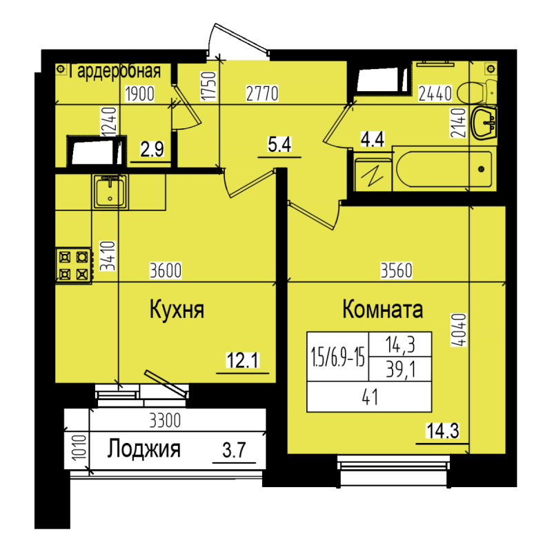 1-комнатная квартира, 41 м² - планировка, фото №1