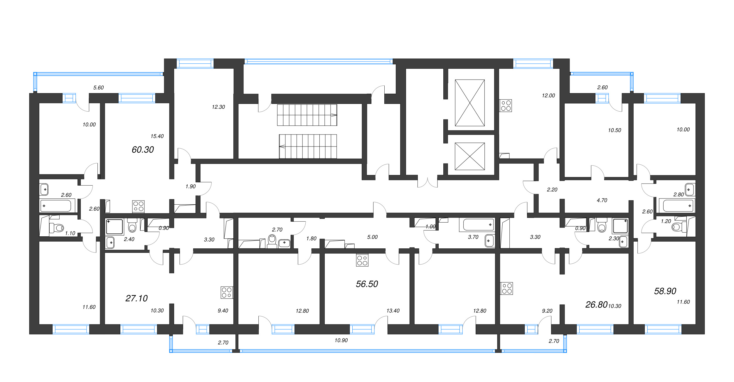 3-комнатная квартира, 58.9 м² - планировка этажа