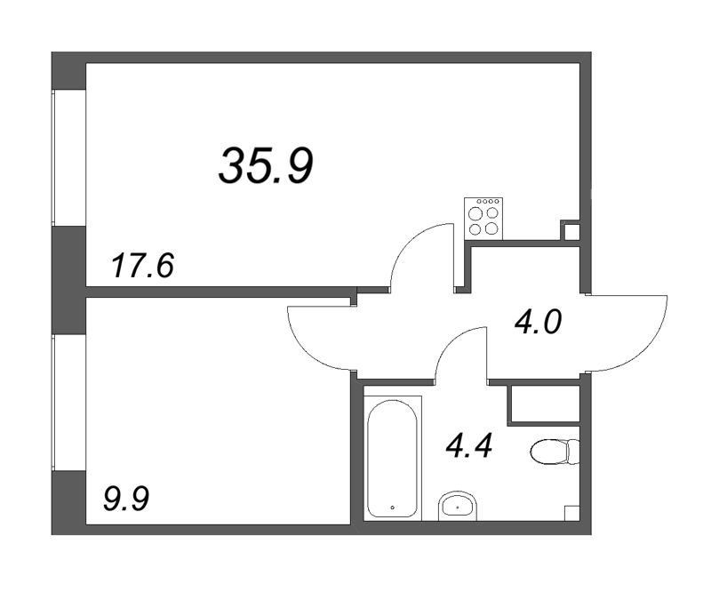 2-комнатная (Евро) квартира, 35.9 м² - планировка, фото №1