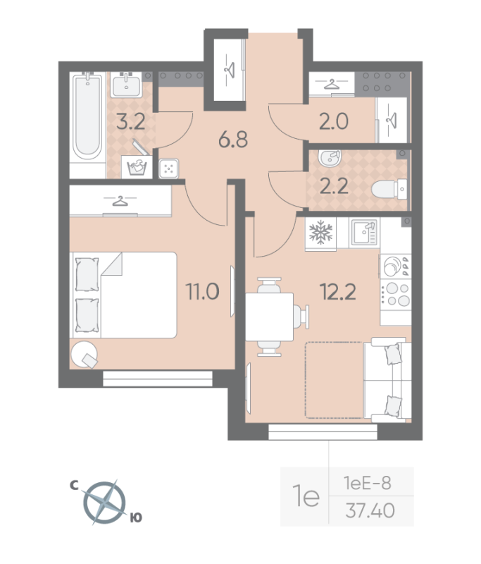 1-комнатная квартира, 37.4 м² в ЖК "Пулково Лейк" - планировка, фото №1