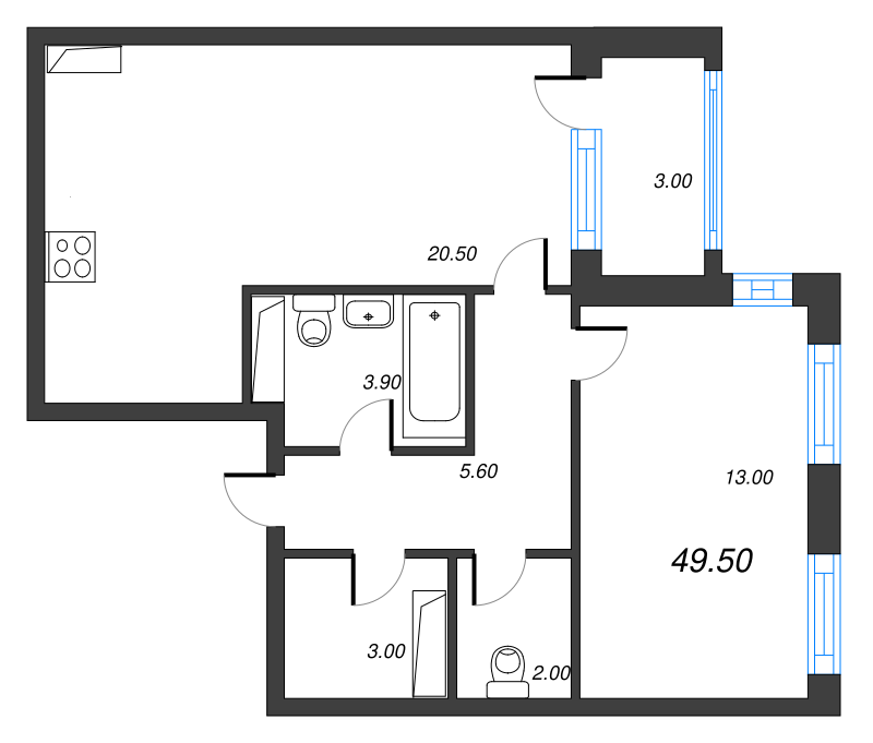 2-комнатная (Евро) квартира, 49.8 м² - планировка, фото №1