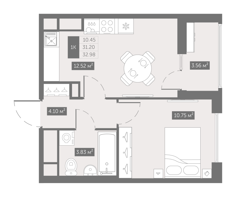 1-комнатная квартира, 32.98 м² в ЖК "UP-квартал Новый Московский" - планировка, фото №1