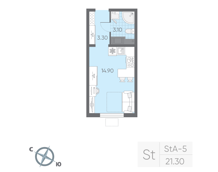Квартира-студия, 21.3 м² в ЖК "Ручьи" - планировка, фото №1