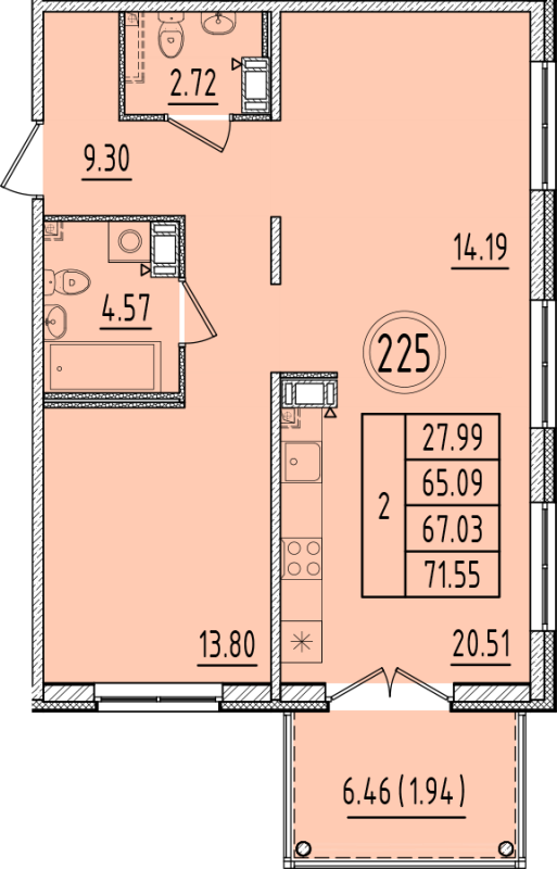 3-комнатная (Евро) квартира, 65.09 м² в ЖК "Образцовый квартал 6.4" - планировка, фото №1