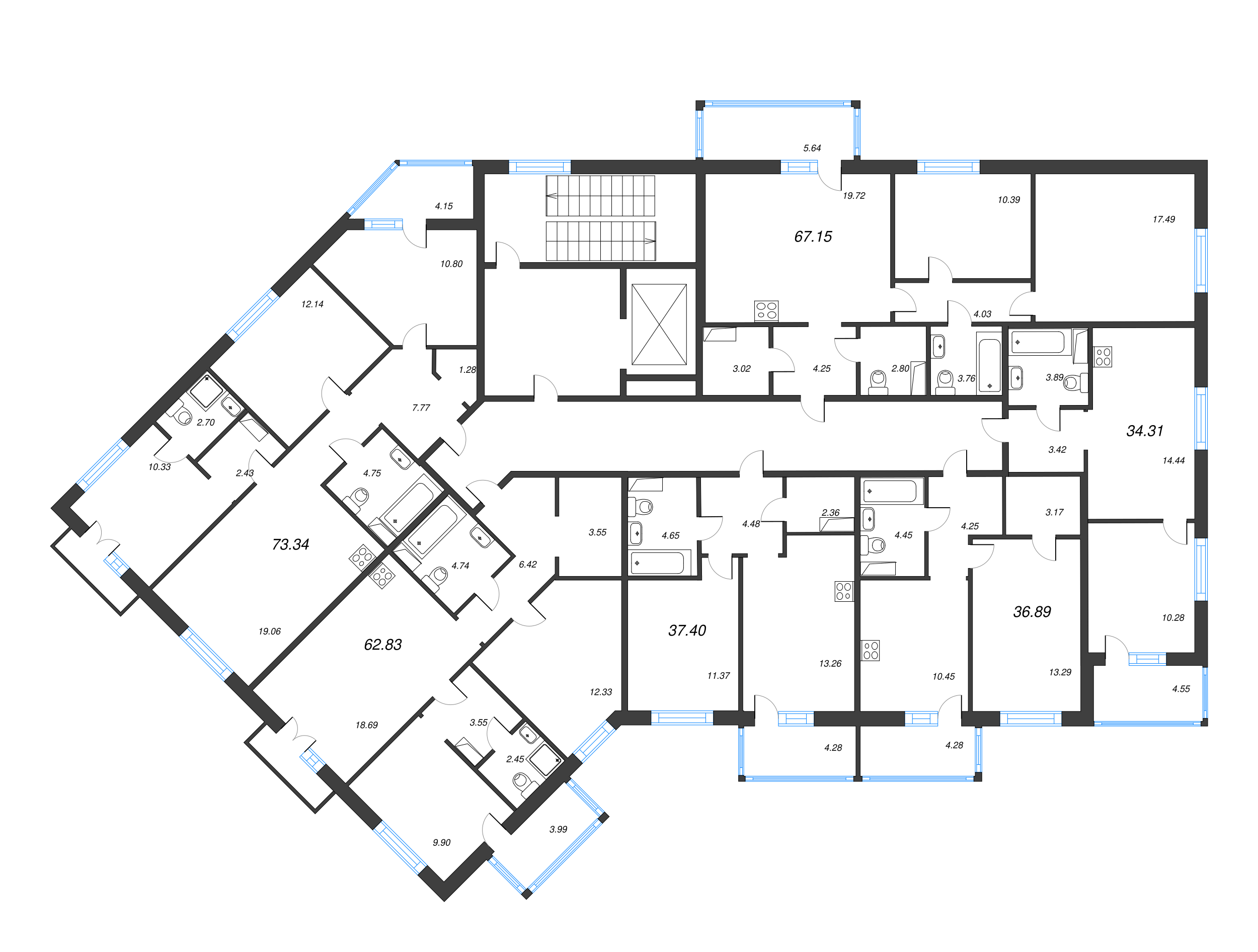 4-комнатная (Евро) квартира, 75.41 м² - планировка этажа