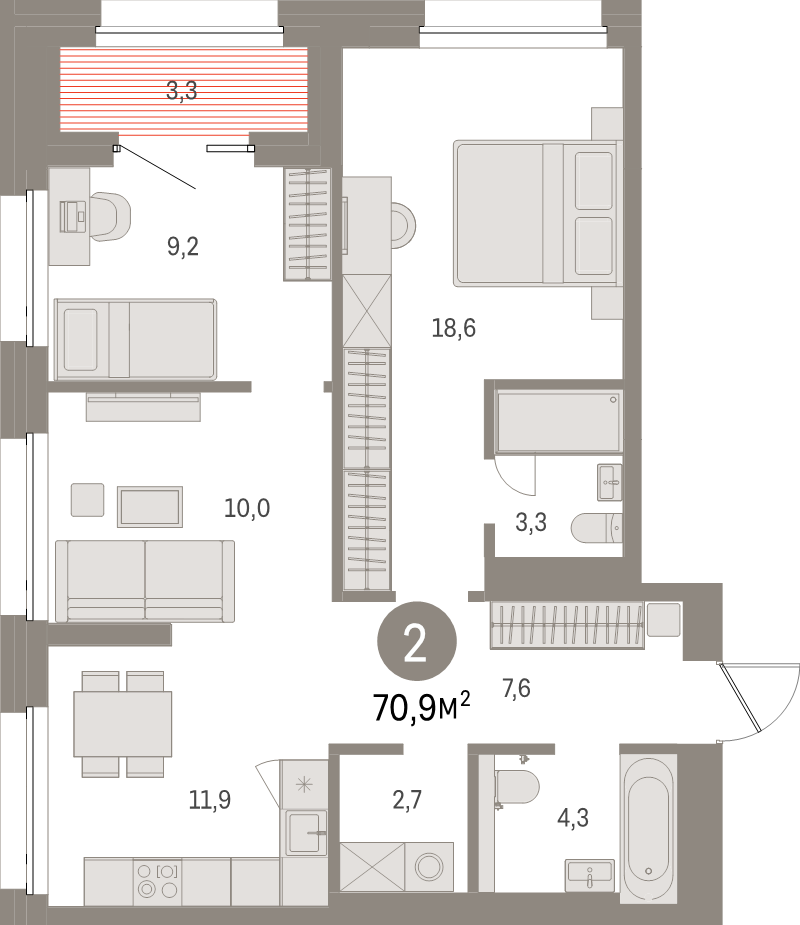 3-комнатная (Евро) квартира, 70.9 м² в ЖК "Северный ветер" - планировка, фото №1