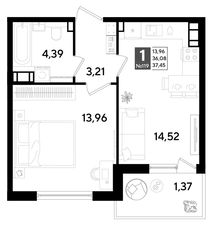1-комнатная квартира, 36.68 м² в ЖК "Догма Юкки" - планировка, фото №1