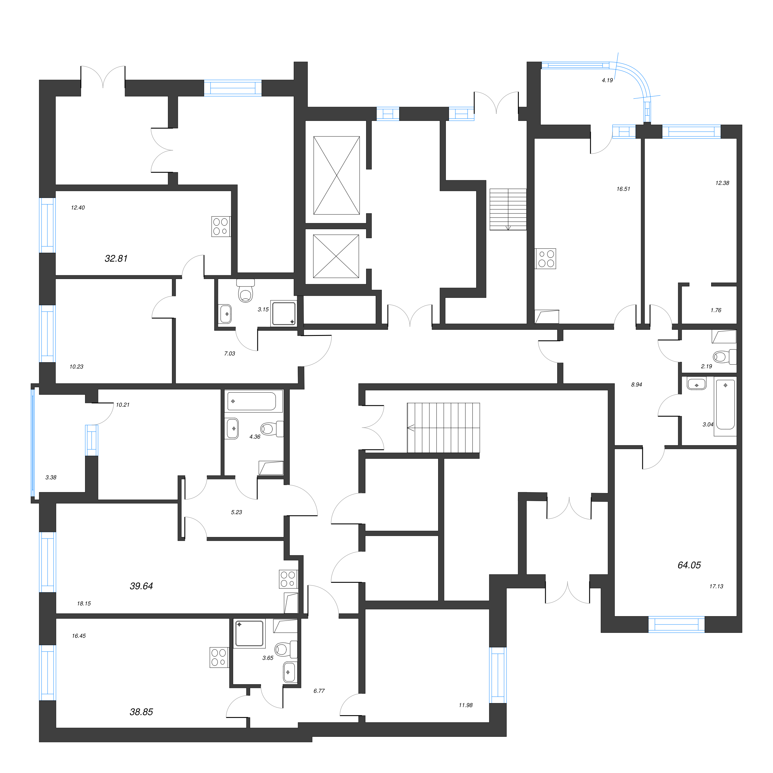 2-комнатная (Евро) квартира, 38.85 м² - планировка этажа