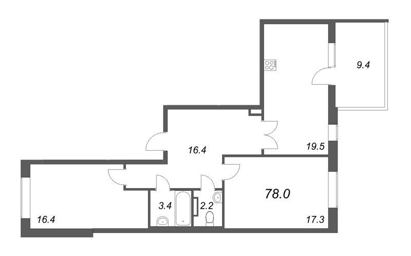 3-комнатная (Евро) квартира, 78 м² - планировка, фото №1