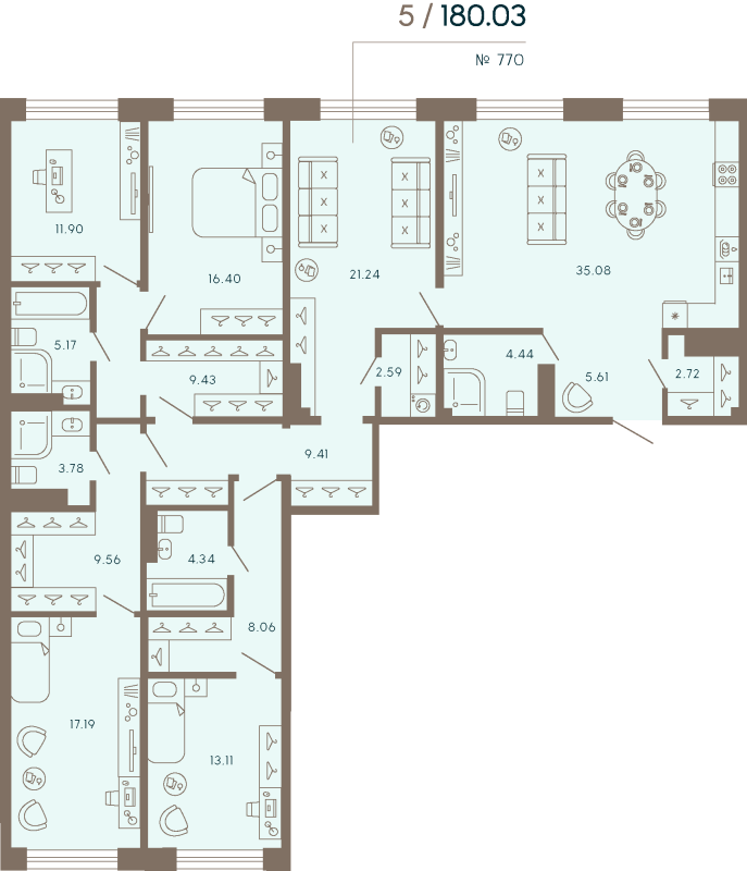 6 ккв (Евро), 180.03 м² в ЖК "17/33 Петровский остров" - планировка, фото №1