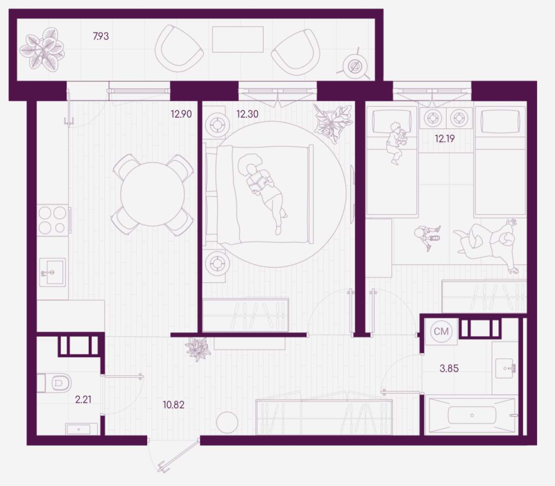 2-комнатная квартира, 56.65 м² - планировка, фото №1