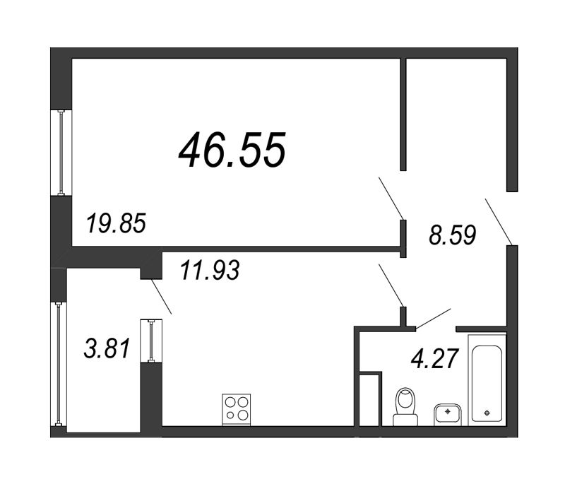 1-комнатная квартира, 47.4 м² - планировка, фото №1