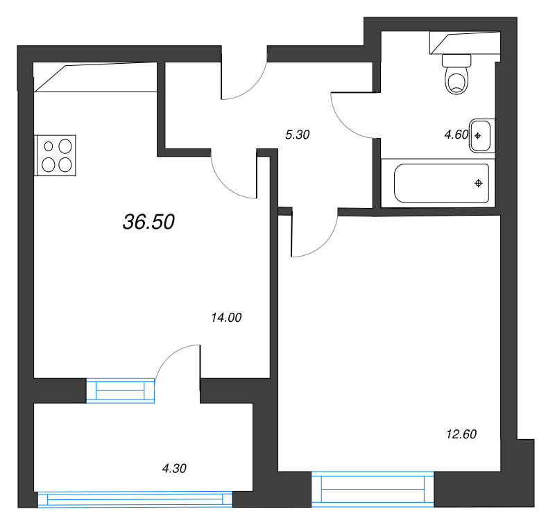 1-комнатная квартира, 36.5 м² - планировка, фото №1