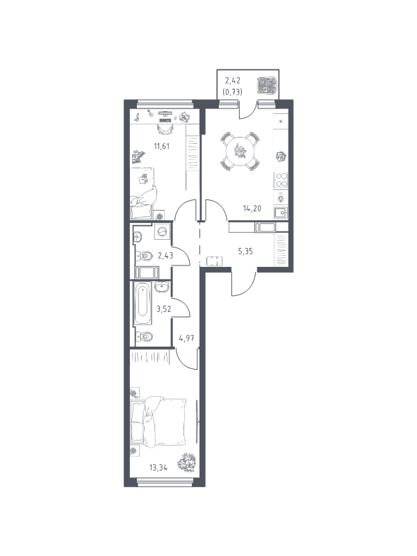 2-комнатная квартира, 56.15 м² в ЖК "Новое Колпино" - планировка, фото №1