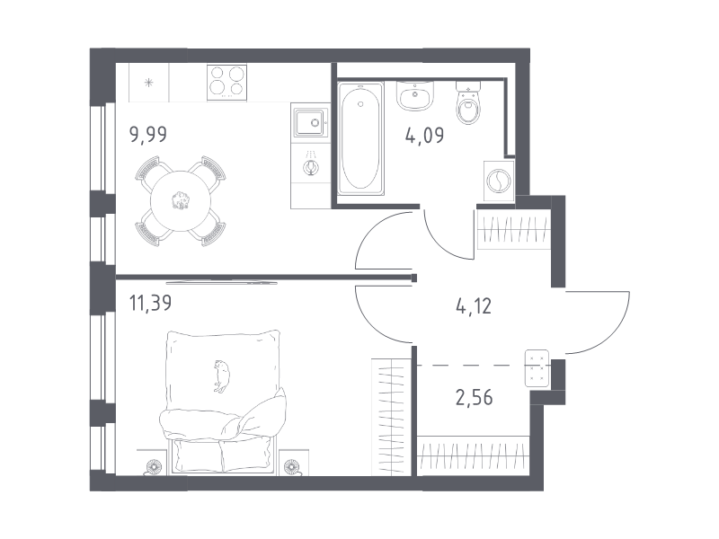 1-комнатная квартира, 32.15 м² - планировка, фото №1