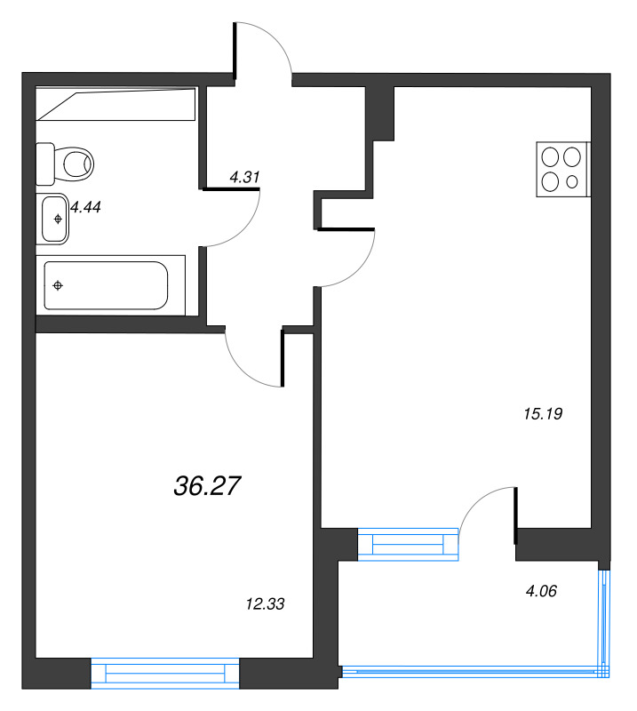 2-комнатная (Евро) квартира, 36.27 м² - планировка, фото №1