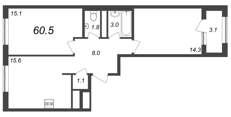 2-комнатная квартира, 60.2 м² - планировка, фото №1