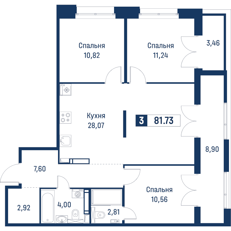 4-комнатная (Евро) квартира, 81.73 м² в ЖК "Символист" - планировка, фото №1