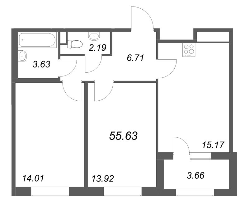 3-комнатная (Евро) квартира, 55.63 м² в ЖК "Дубровский" - планировка, фото №1