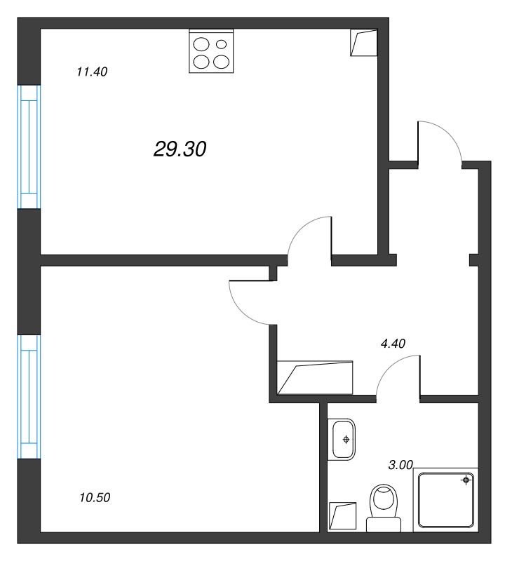 1-комнатная квартира, 29.3 м² - планировка, фото №1