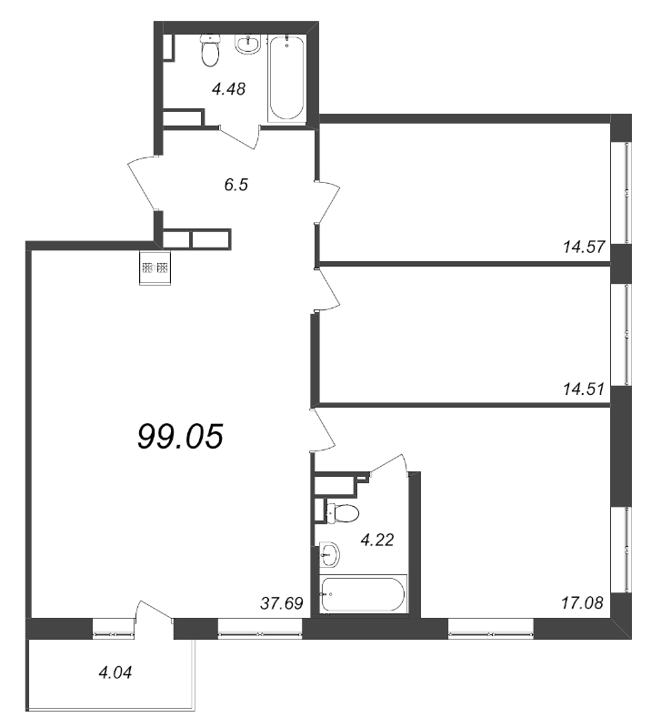 4-комнатная (Евро) квартира, 99.05 м² в ЖК "Чёрная речка от Ильича" - планировка, фото №1