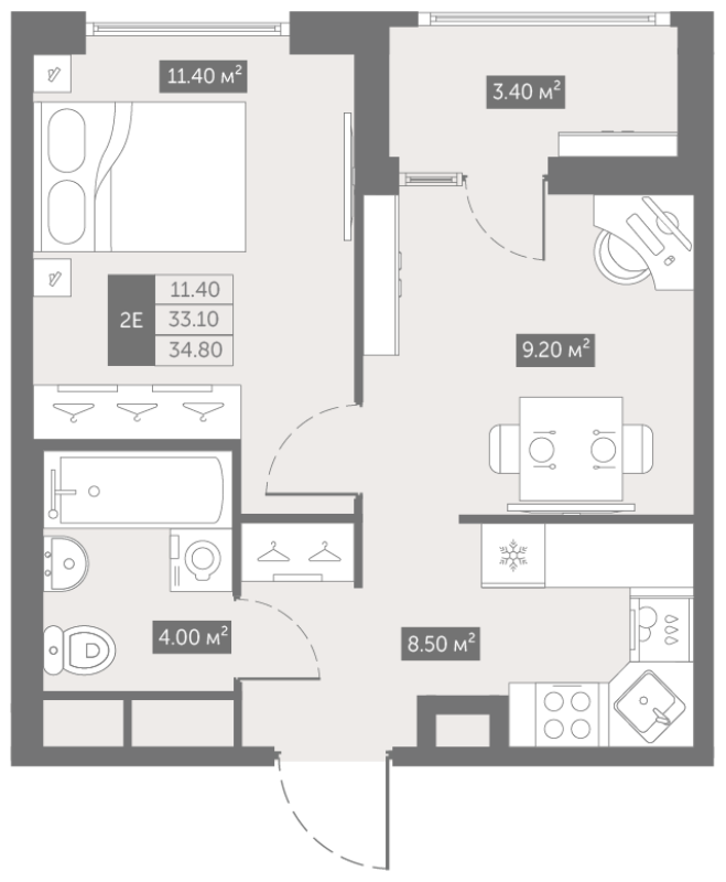 2-комнатная (Евро) квартира, 34.8 м² в ЖК "Квартал «Новый Московский»" - планировка, фото №1