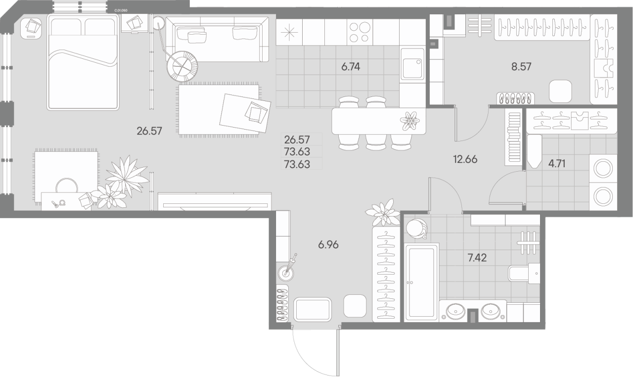 Квартира-студия, 73.63 м² в ЖК "Amo" - планировка, фото №1