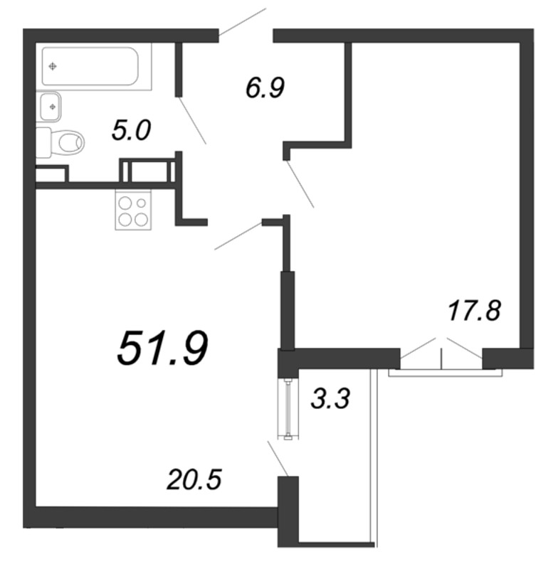 1-комнатная квартира, 51.7 м² - планировка, фото №1