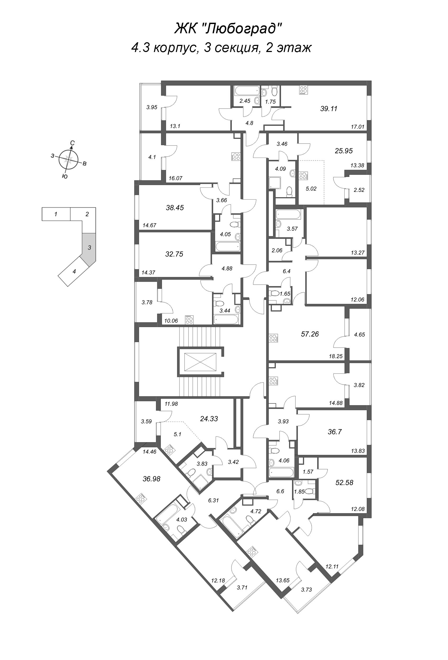 1-комнатная квартира, 32.75 м² в ЖК "Любоград" - планировка этажа