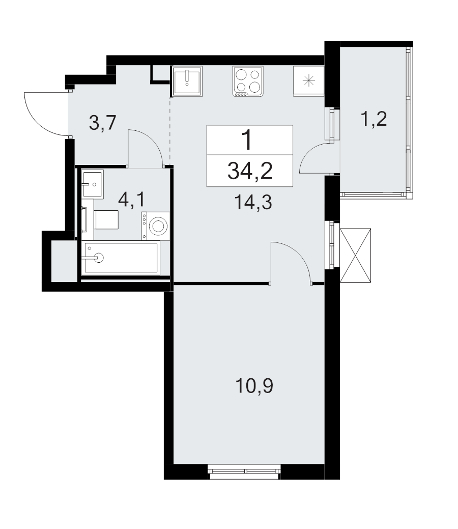 2-комнатная (Евро) квартира, 34.2 м² - планировка, фото №1