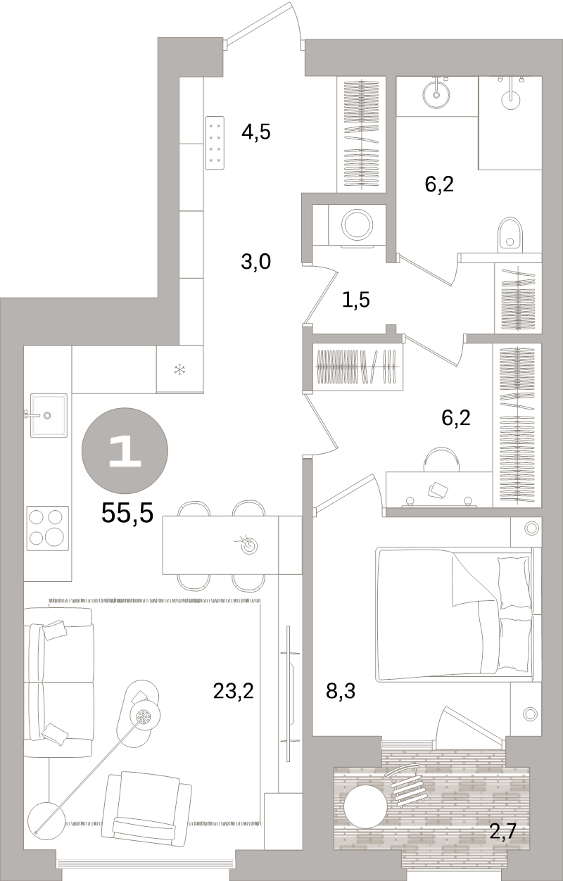 2-комнатная (Евро) квартира, 55.5 м² в ЖК "Северный ветер" - планировка, фото №1