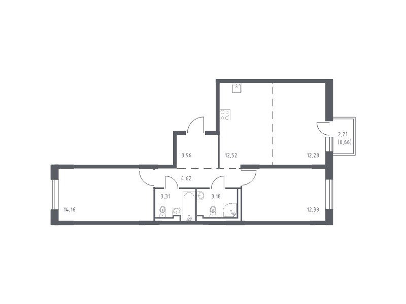 3-комнатная (Евро) квартира, 67.07 м² - планировка, фото №1