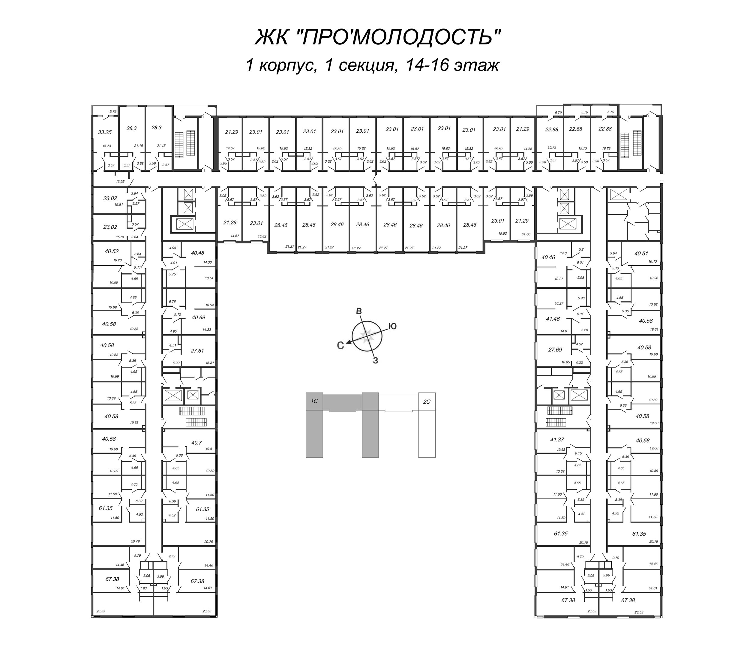 3-комнатная (Евро) квартира, 61.35 м² в ЖК "ПРО'МОЛОDОСТЬ" - планировка этажа
