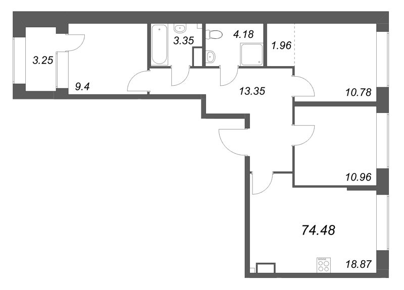 4-комнатная (Евро) квартира, 74.48 м² в ЖК "Аквилон Солар Парк" - планировка, фото №1