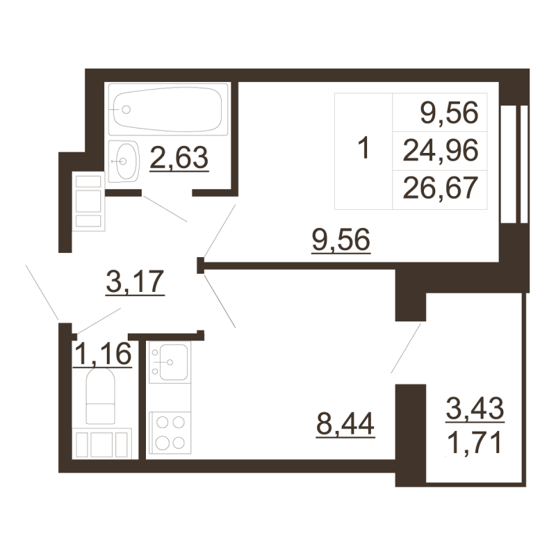 1-комнатная квартира, 26.67 м² - планировка, фото №1
