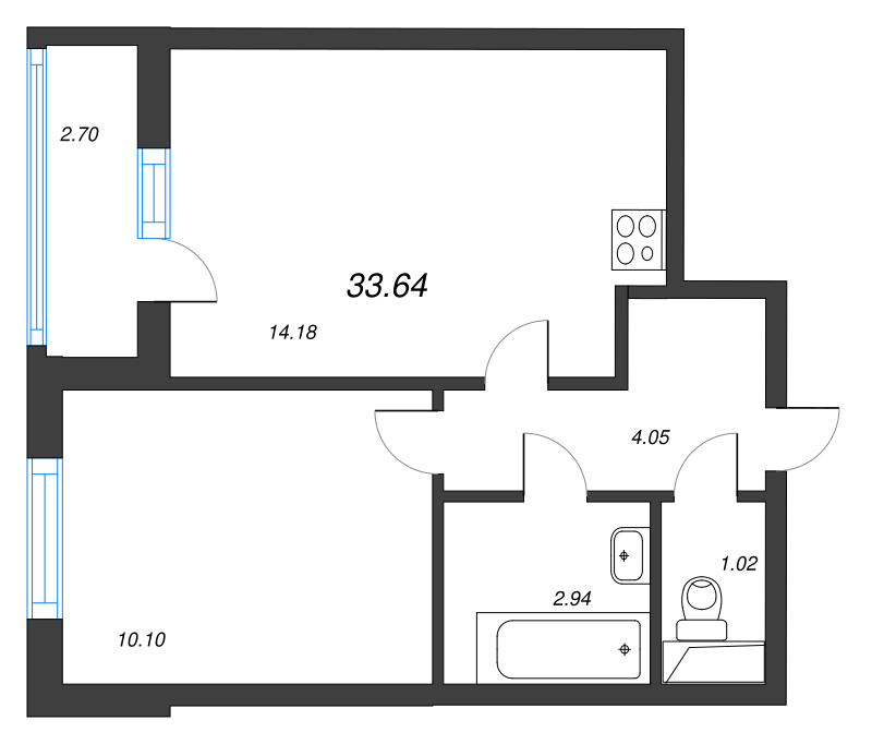 1-комнатная квартира, 33.64 м² в ЖК "AEROCITY" - планировка, фото №1