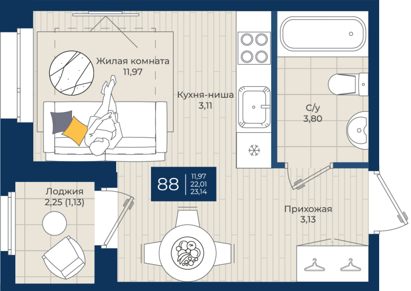 Квартира-студия, 23.14 м² - планировка, фото №1