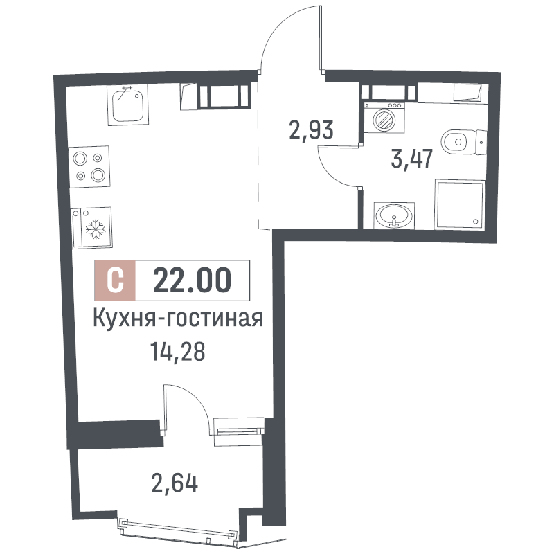 Квартира-студия, 22 м² в ЖК "Авиатор" - планировка, фото №1