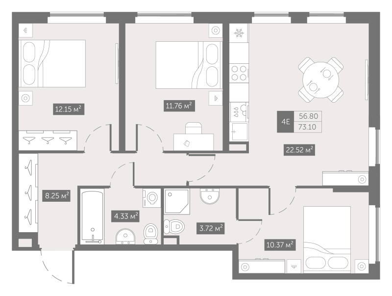 3-комнатная квартира, 73.1 м² в ЖК "Zoom на Неве" - планировка, фото №1